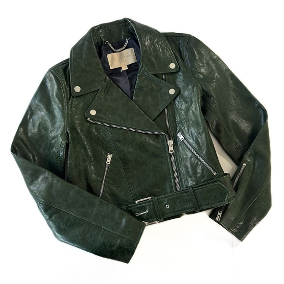 J.Crew Collection Green Crackled Leather Cropped Moto Jacket Womens Size 2 - Picture 2 of 9